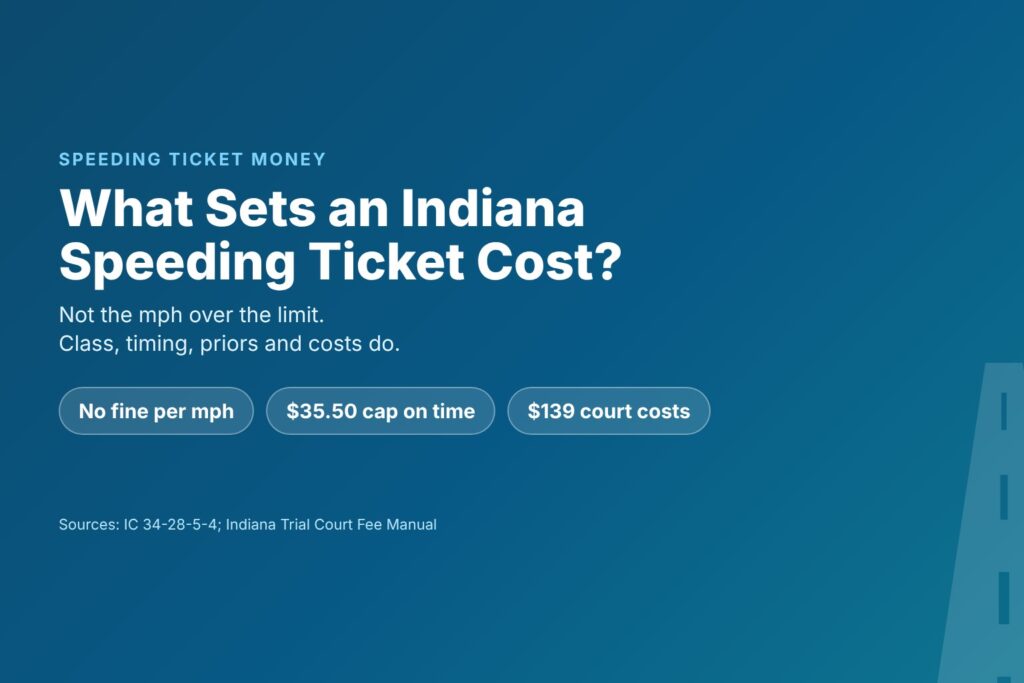 Blog Articles 4 Title card asking What Sets an Indiana Speeding Ticket Cost, with class, plea timing and court costs
