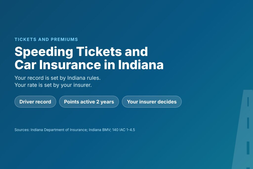 Blog Articles 3 Title card reading Speeding Tickets and Car Insurance in Indiana, with driver record, points and your insurer decides