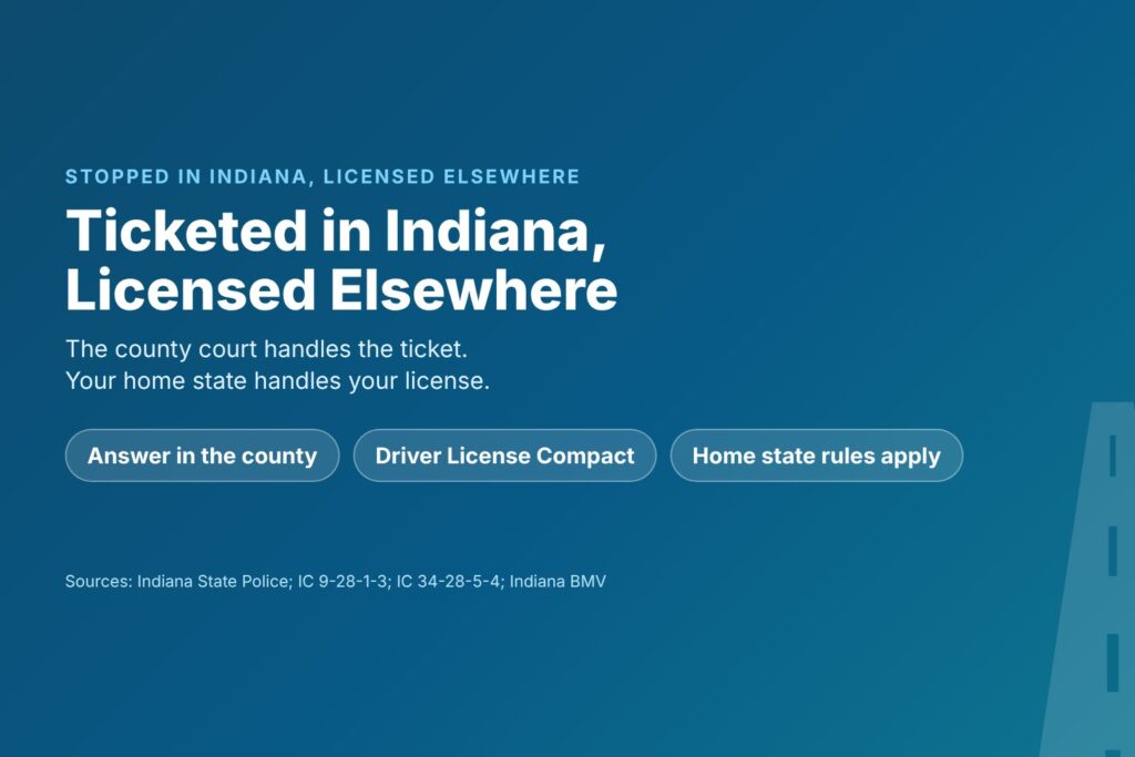 Blog Articles 2 Title card reading Ticketed in Indiana, Licensed Elsewhere, with chips for the county court, the Driver License Compact and home state rules