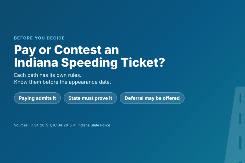 Blog Articles 1 Title card asking Pay or Contest an Indiana Speeding Ticket, with admit, contest and deferral paths