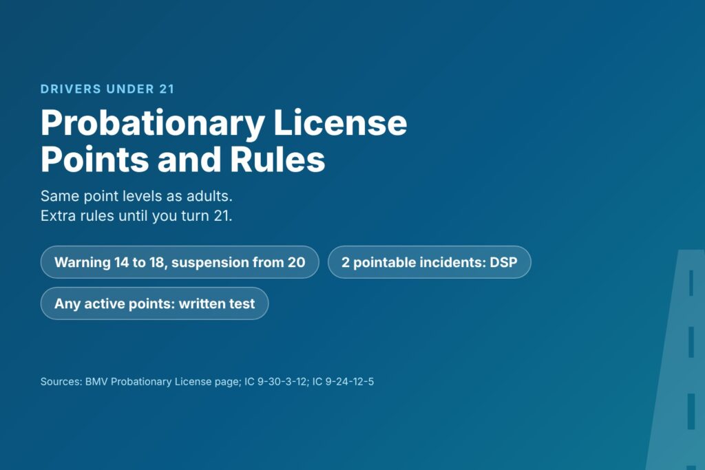 Blog Articles 10 Title card reading Probationary License Indiana, with same point levels as adults, the under-21 DSP rule and a written test with points