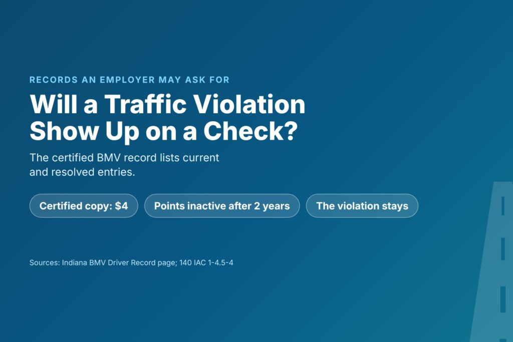Blog Articles 9 Title card asking Will a Traffic Violation Show Up, with the certified record, resolved entries and points that go inactive after two years