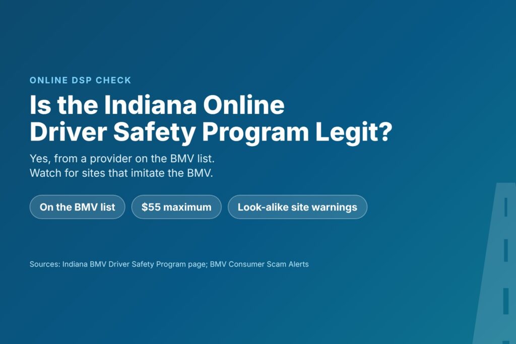 Blog Articles 8 Title card asking whether the Indiana online Driver Safety Program is legit, with chips for the BMV approved list, the $55 cap and look-alike site warnings