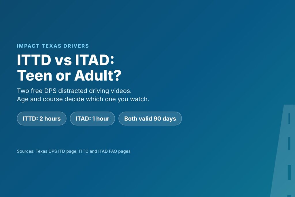 Blog Articles 2 Title card reading ITTD vs ITAD, the teen and adult Impact Texas Drivers videos