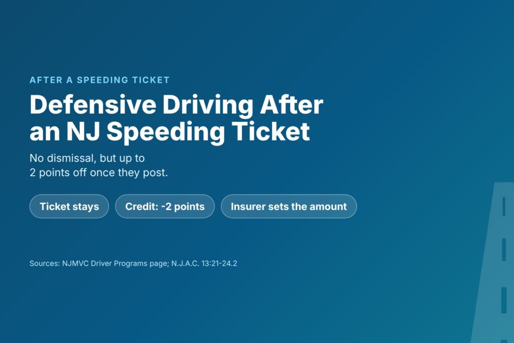 Blog Articles 9 Title card reading Defensive Driving After an NJ Speeding Ticket, what it can and cannot do
