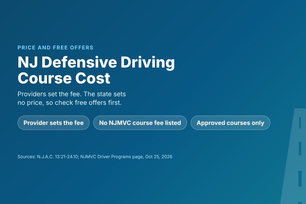 Blog Articles 10 Title card reading NJ Defensive Driving Course Cost, providers set the fee and free offers need checking