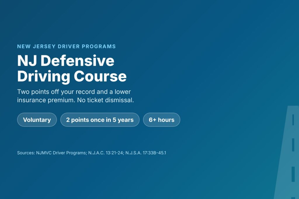 Blog Articles 9 Title card reading NJ Defensive Driving Course, two points off and an insurance premium reduction