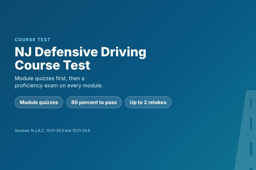 Blog Articles 8 Title card reading NJ Defensive Driving Course Test, with chips for module quizzes, the proficiency exam and the 24-hour hotline
