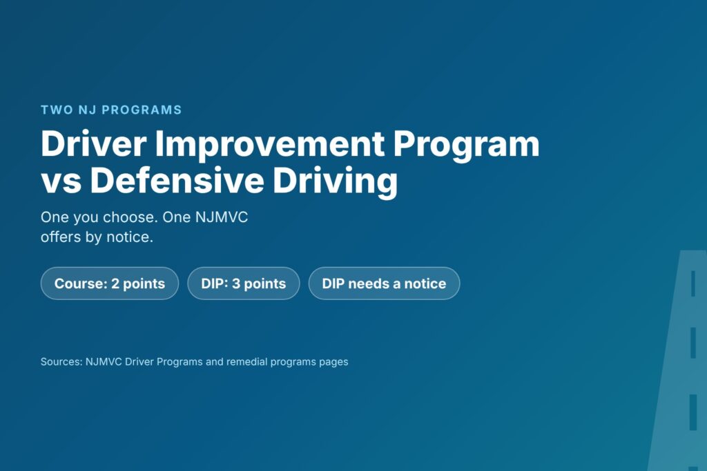 Blog Articles 6 Title card reading Driver Improvement Program vs Defensive Driving, with chips for 2 points, 3 points and an NJMVC notice
