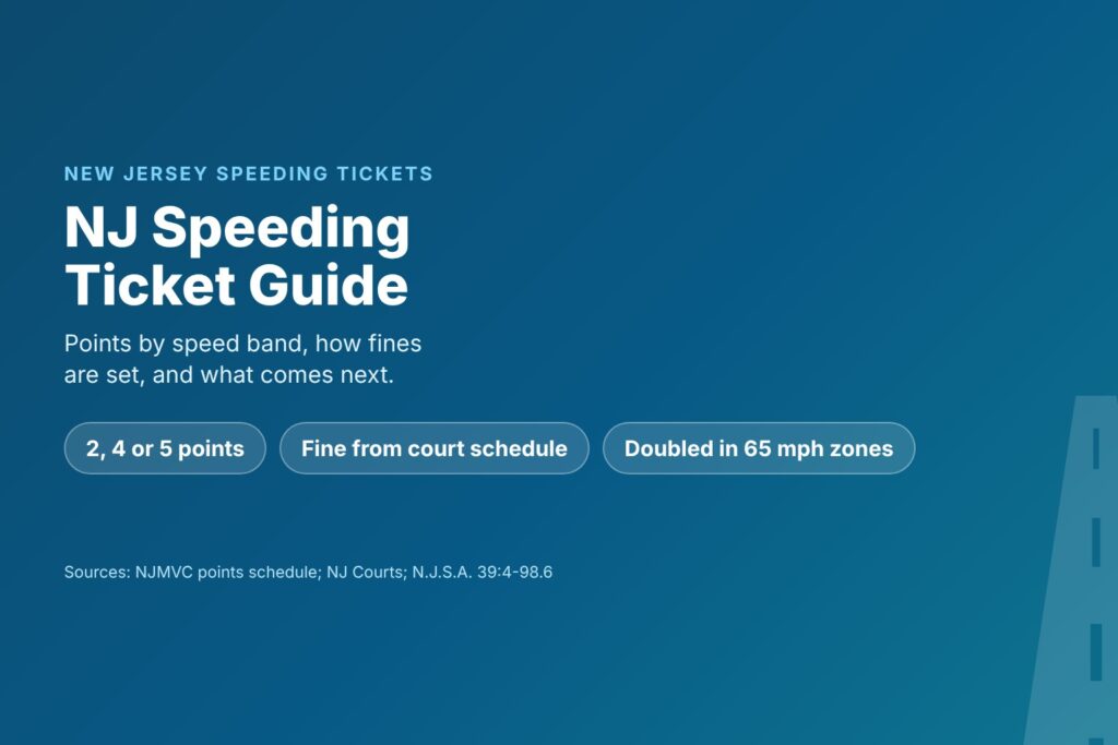 Blog Articles 9 Title card reading NJ Speeding Ticket, with points of 2, 4 or 5 by speed over the limit