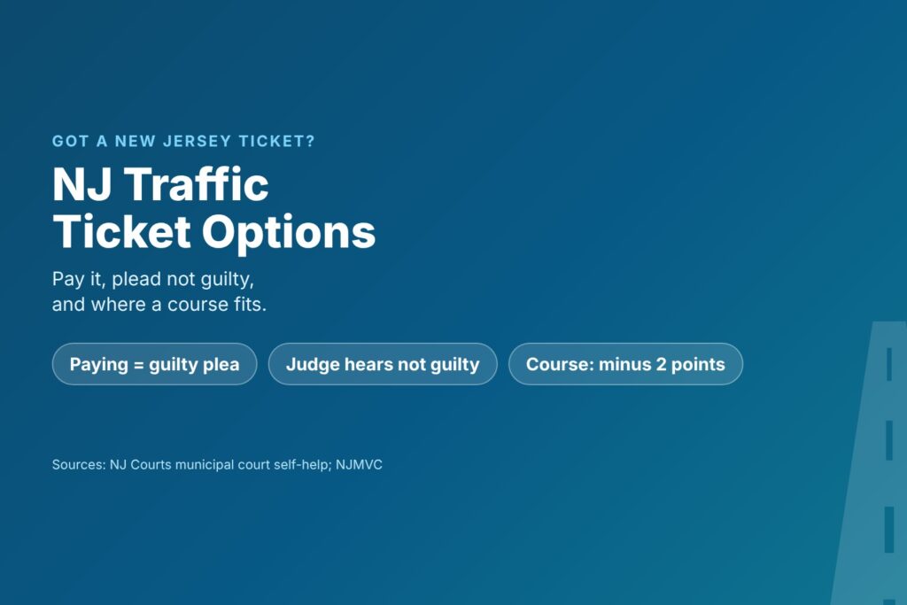 Blog Articles 8 Title card reading NJ Traffic Ticket Options: pay, plead not guilty, or a course for points