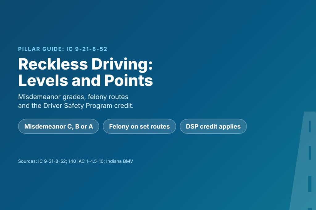 Blog Articles 5 Title card reading Reckless Driving in Indiana, with chips for Class C to Class A, 6 to 10 points and the 4-point DSP credit