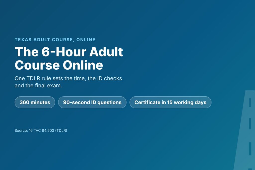 Blog Articles 5 Title card reading The 6-Hour Adult Course Online, with 360 minutes, 90-second ID questions and a certificate within 15 working days
