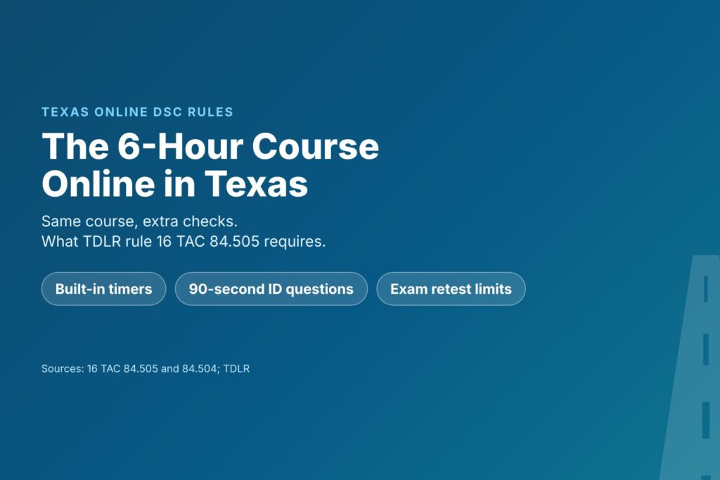 Blog Articles 8 Title card reading The 6-Hour Course Online in Texas, with built-in timers, 90-second identity questions and exam rules