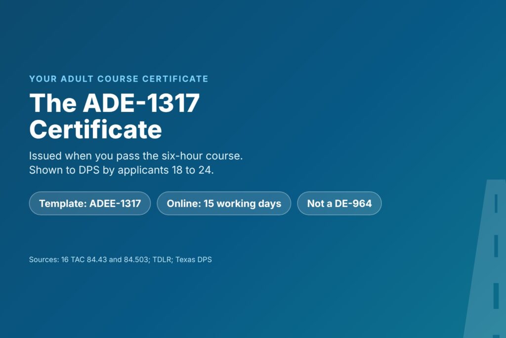 Blog Articles 4 Title card reading The ADE-1317 Certificate, with the ADEE-1317 template name and a 15 working day issue limit for online courses