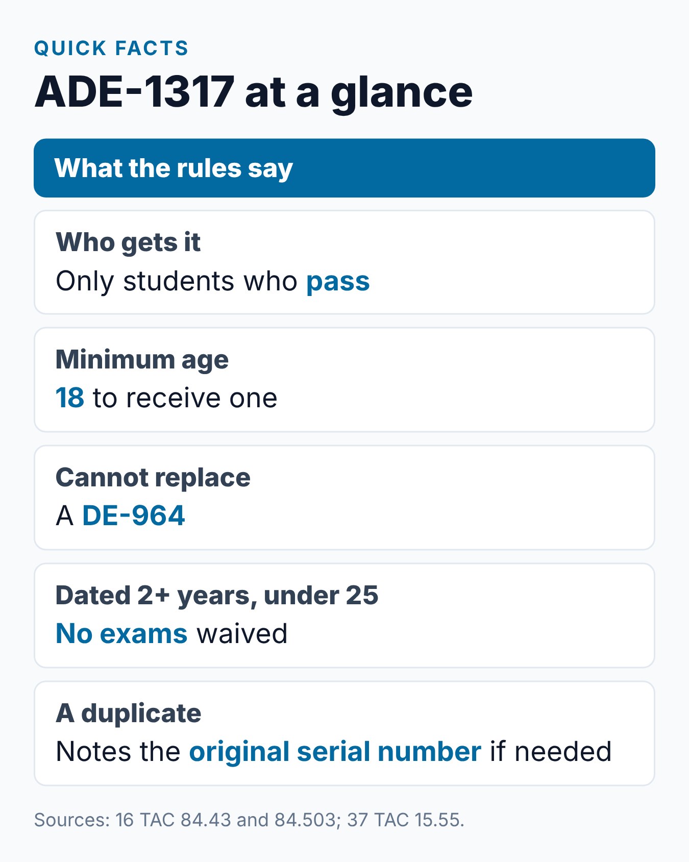 Texas ADE-1317 Certificate: What It Is and How to Use It at DPS 2 ADE-1317 quick facts: who gets it, what it cannot replace, the two-year rule and what a duplicate must show