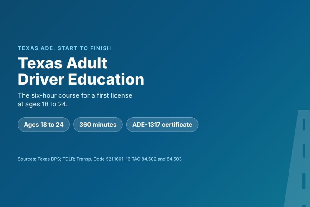 Blog Articles 1 Title card reading Texas Adult Driver Education, with ages 18 to 24, 360 minutes and the ADE-1317 certificate