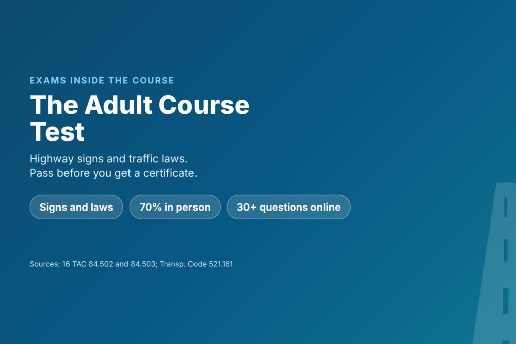 Blog Articles 8 Title card reading The Adult Course Test, with signs and laws, 70 percent in person and 30 or more questions online