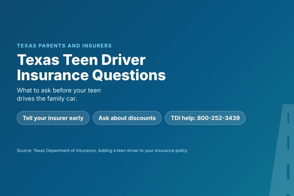 Blog Articles 8 Title card reading Texas Teen Driver Insurance, questions parents should ask their insurer