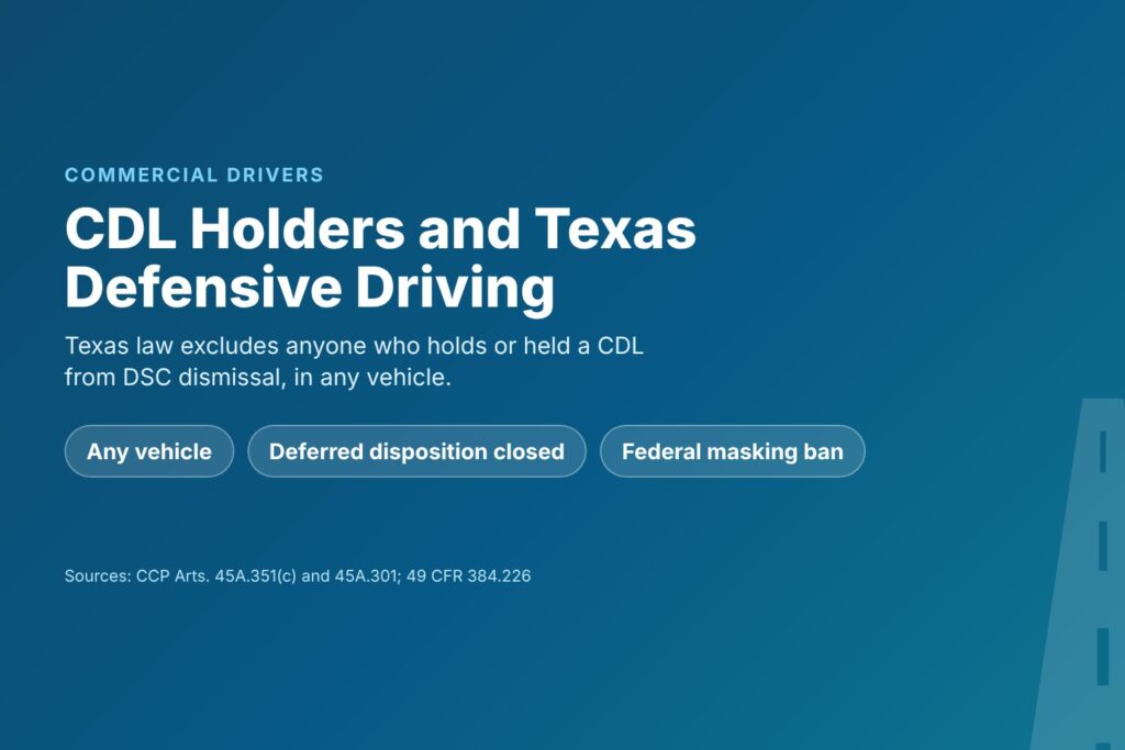 Blog Articles 7 Title card reading CDL Holders and Texas Defensive Driving, with the any-vehicle rule and the federal masking ban