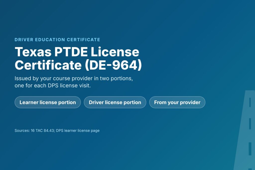 Blog Articles 7 Title card reading Texas PTDE License Certificate, the DE-964 with a learner license portion and a driver license portion