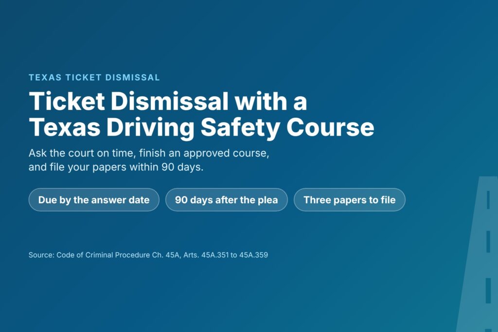 Blog Articles 10 Title card reading Ticket Dismissal with a Texas Driving Safety Course, with the answer date, 90 days and three papers