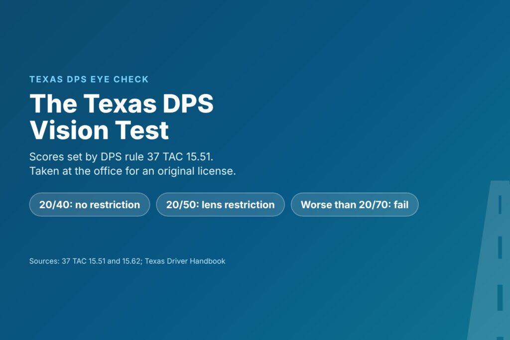 Blog Articles 6 Title card reading The Texas DPS Vision Test, with 20/40, 20/50 and 20/70 thresholds