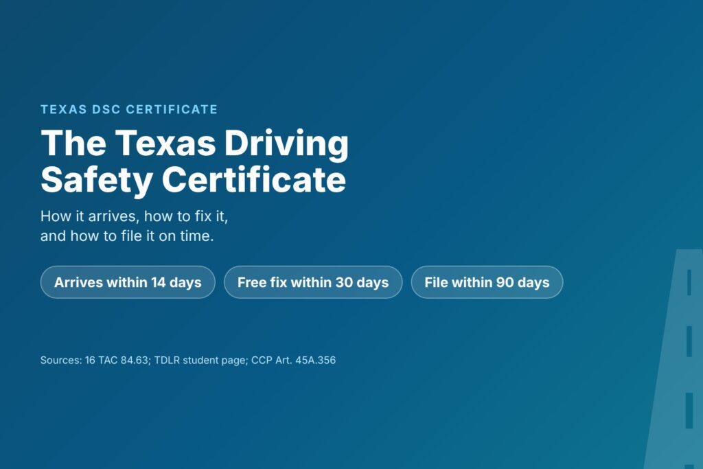 Blog Articles 7 Title card reading The Texas Driving Safety Certificate, with 14 days to arrive, a free fix within 30 days and 90 days to file
