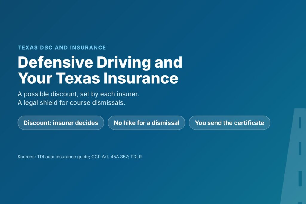 Blog Articles 4 Title card reading Defensive Driving and Your Texas Insurance, with discounts set by each insurer and no rate hike for a dismissal