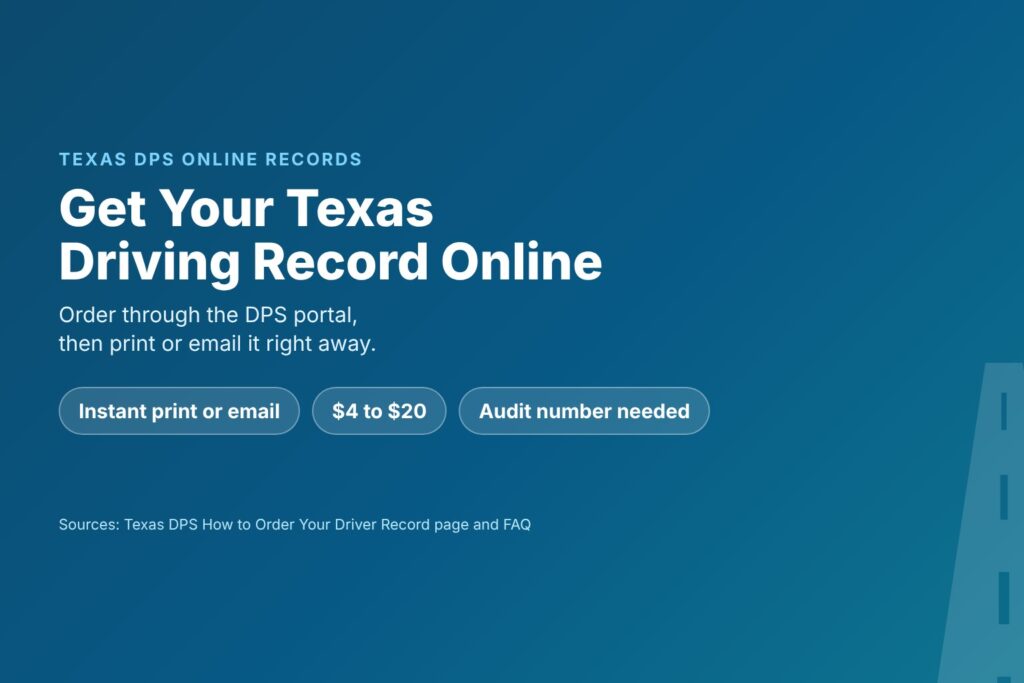 Blog Articles 1 Title card reading How to Get Your Texas Driving Record Online, with instant print or email from DPS