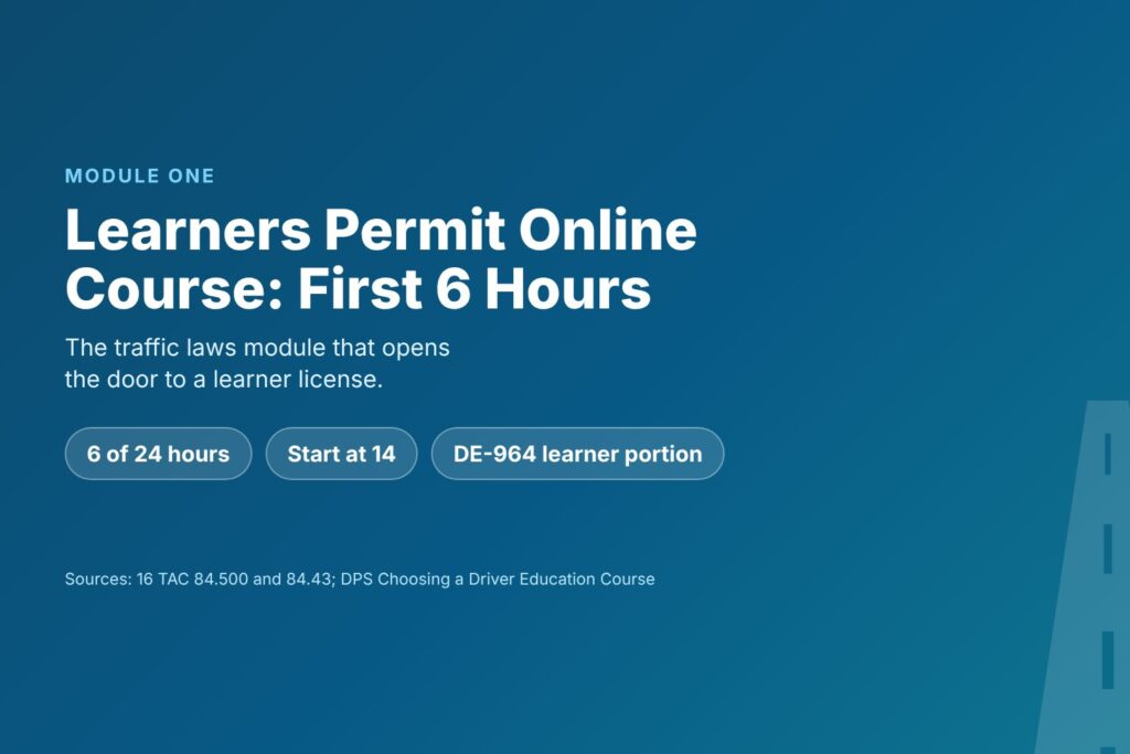 Blog Articles 9 Title card reading Learners Permit Online Course Texas, Module One and the first six classroom hours