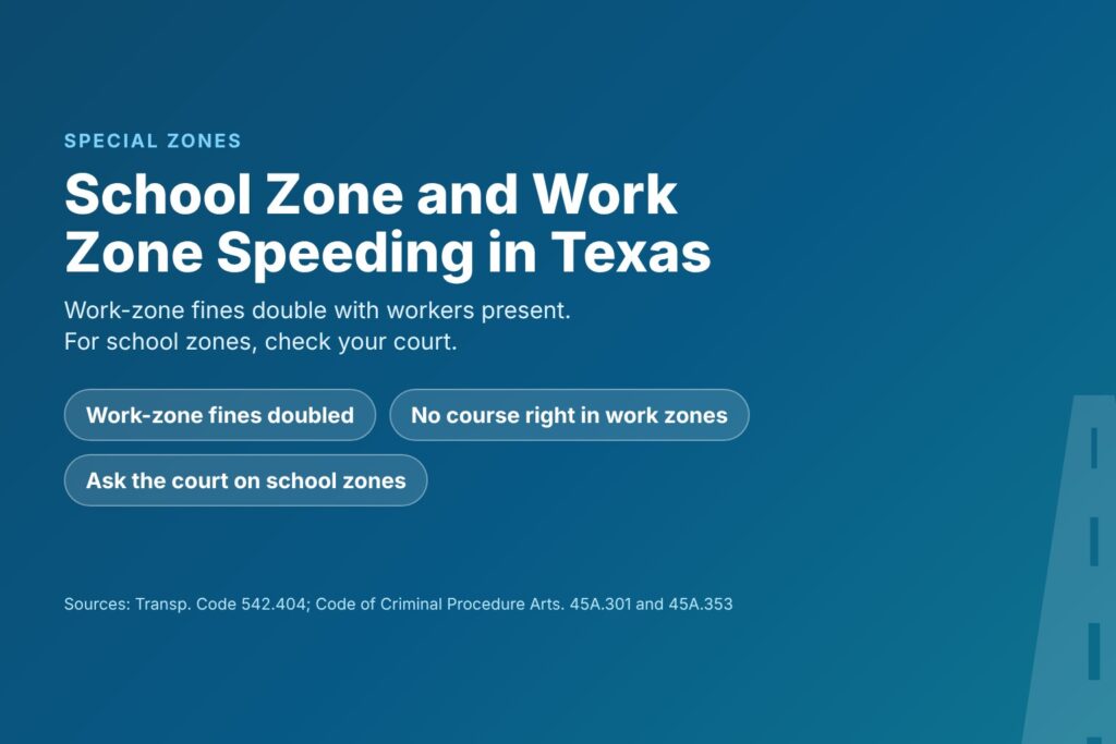 Blog Articles 9 Title card reading School Zone and Work Zone Speeding in Texas, with doubled work-zone fines and no course right