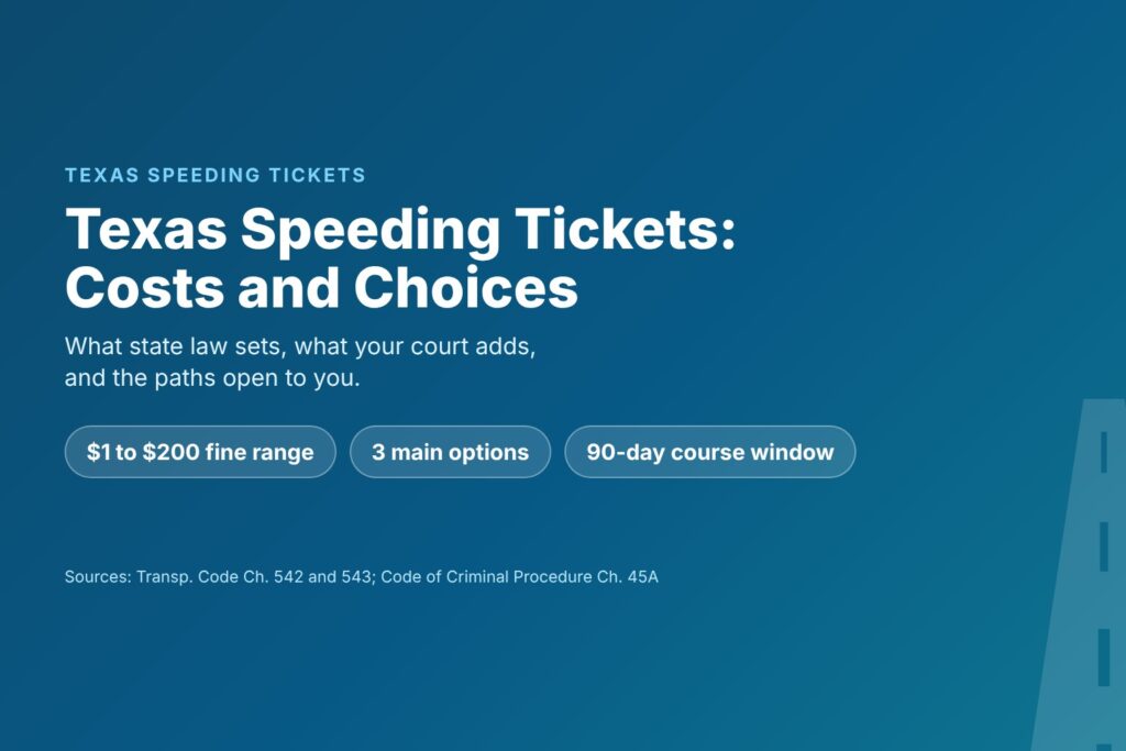 Blog Articles 8 Title card reading Texas Speeding Tickets, with a $1 to $200 fine range, three options and a 90-day course window