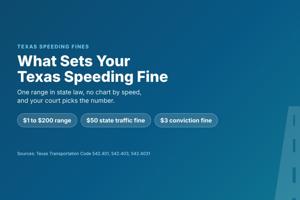 Blog Articles 7 Title card reading What Sets Your Texas Speeding Fine, with the $1 to $200 range, a $50 state traffic fine and a $3 fine