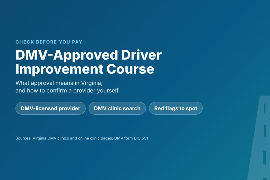 Blog Articles 6 Title card reading DMV-Approved Driver Improvement Course, with licensed provider, DMV search and red flags