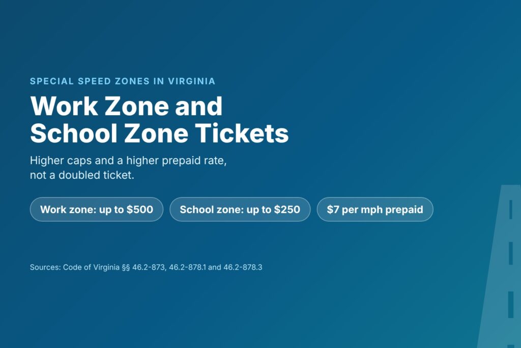 Blog Articles 8 Title card reading Work Zone and School Zone Tickets, with a $500 work zone cap, a $250 school zone cap and $7 per mph prepaid