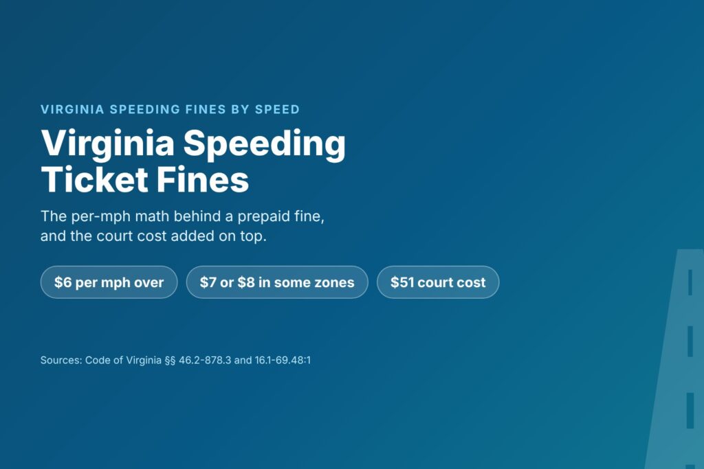 Blog Articles 5 Title card reading Virginia Speeding Ticket Fines, with chips for $6, $7 and $8 per mph and a $51 court cost