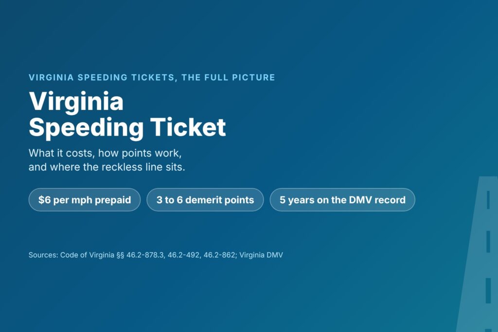 Blog Articles 4 Title card reading Virginia Speeding Ticket, with chips for $6 per mph prepaid, 3 to 6 demerit points and 5 years on the DMV record