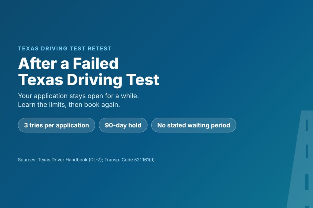 Blog Articles 3 Title card reading After a Failed Texas Driving Test, with three tries per application and a 90-day hold